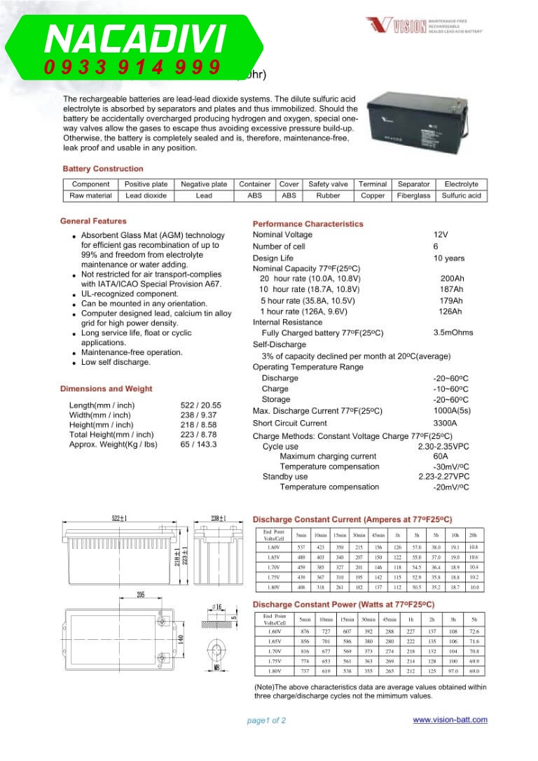 Datasheet Ắc quy VISION 12V-200Ah