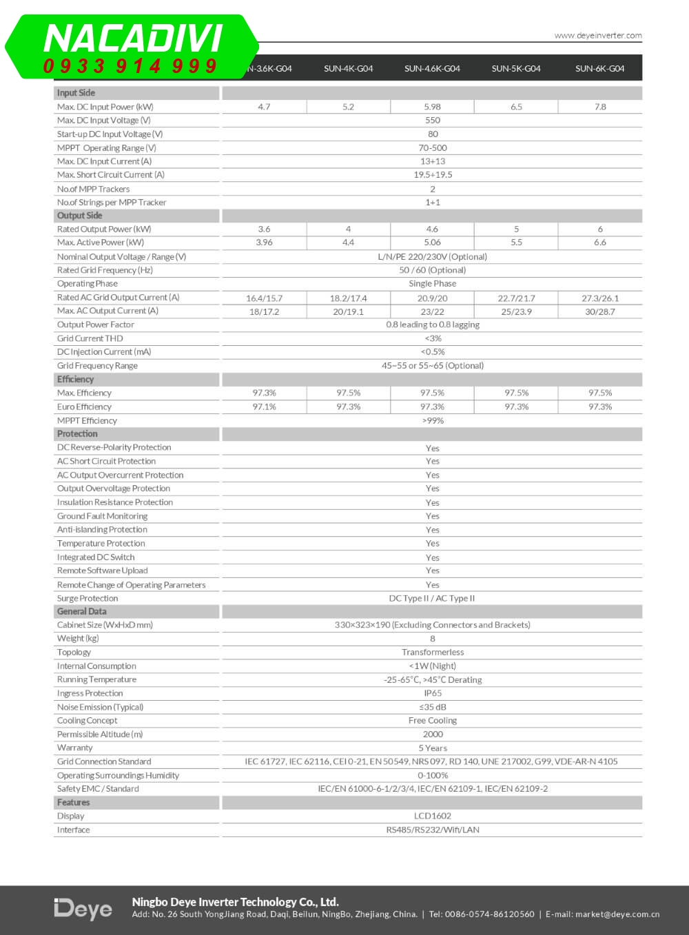 Datasheet Inverter DEYE 6kW