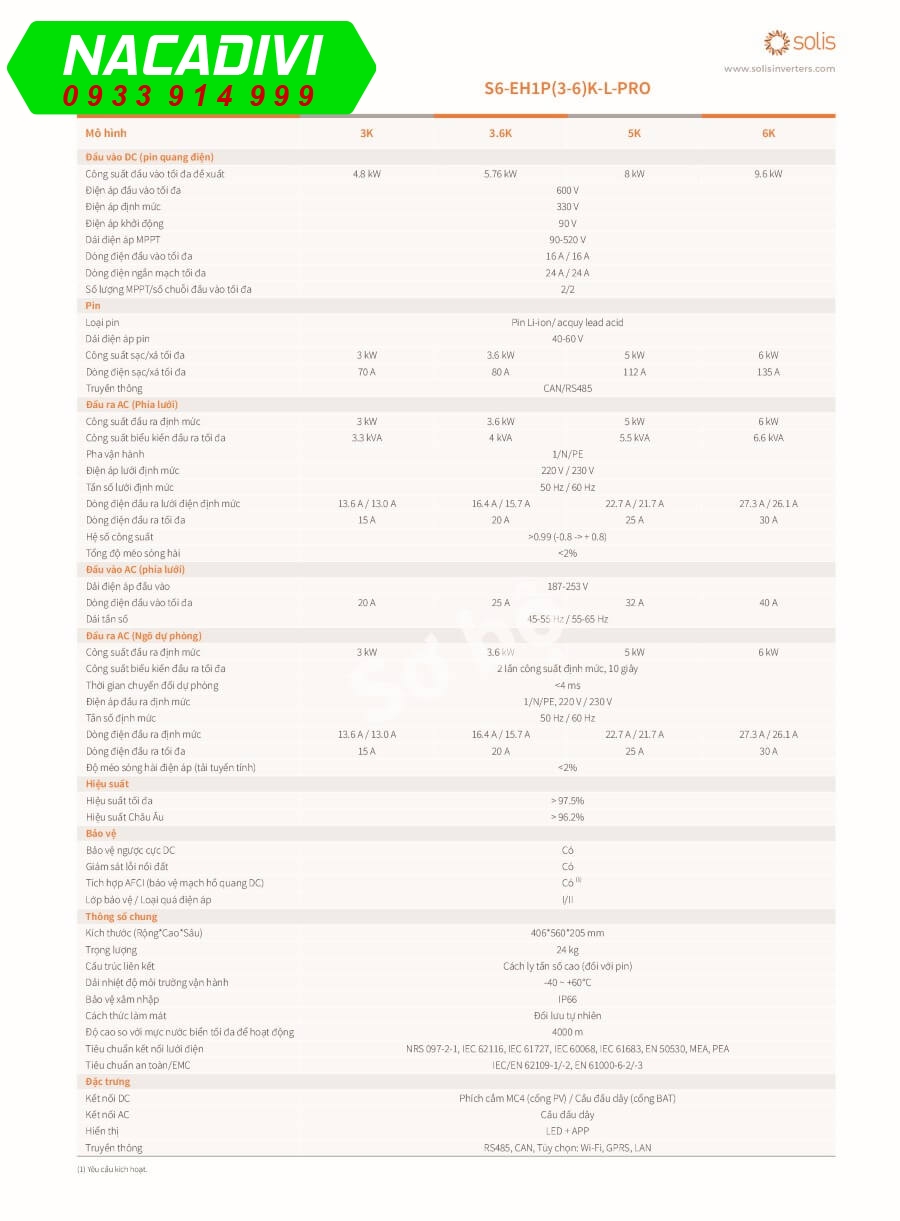 Datasheet Inverter Hybrid Solis 6 kW