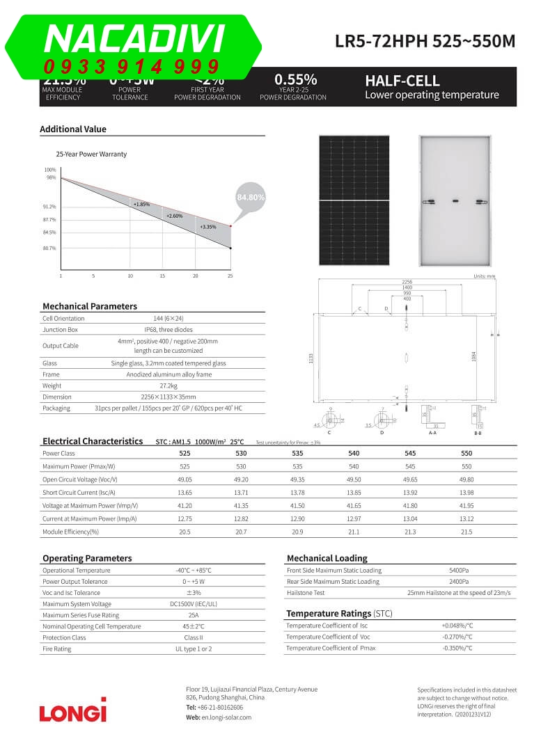 Datasheet Longi 550W