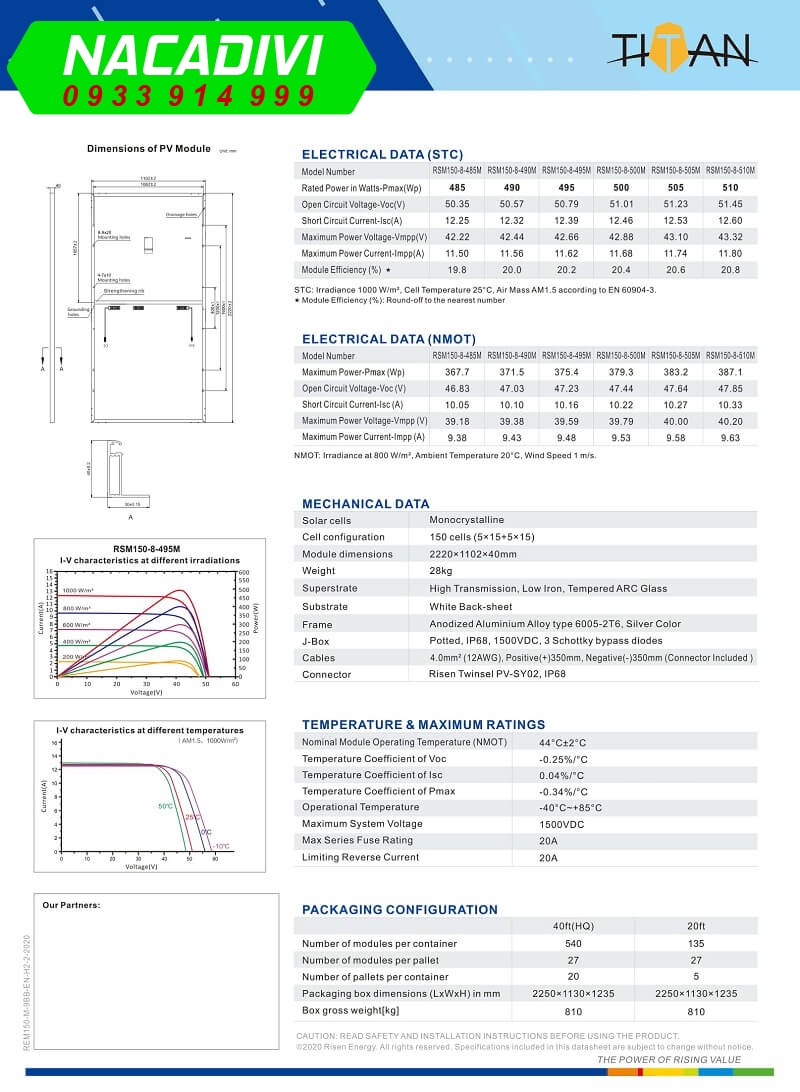 Datasheet tấm pin risen 500w