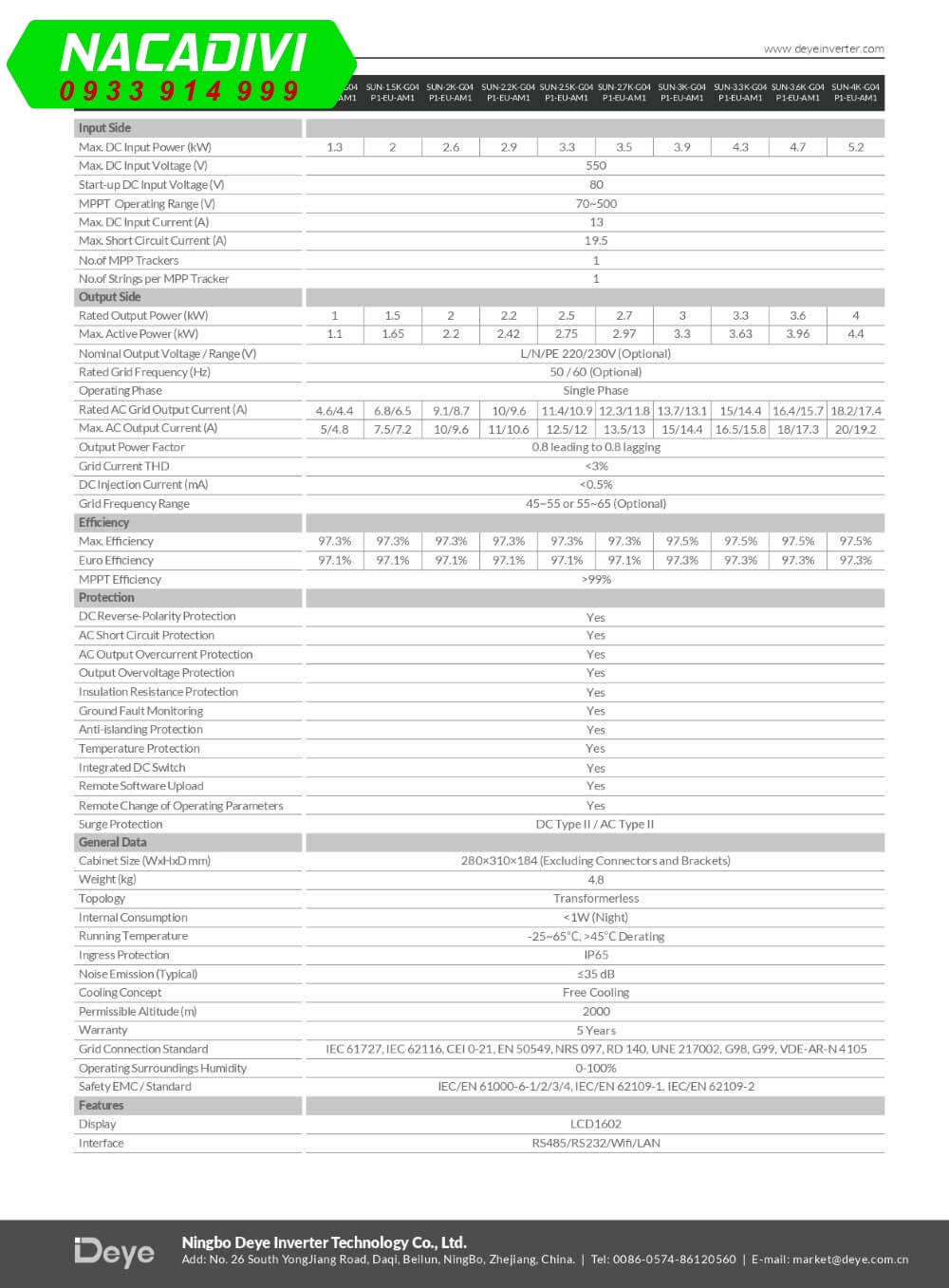 Datasheet DEYE 3kw