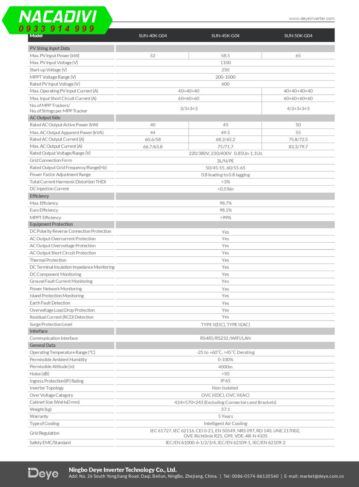 Datasheet Deye SUN-50K-G04 50kW