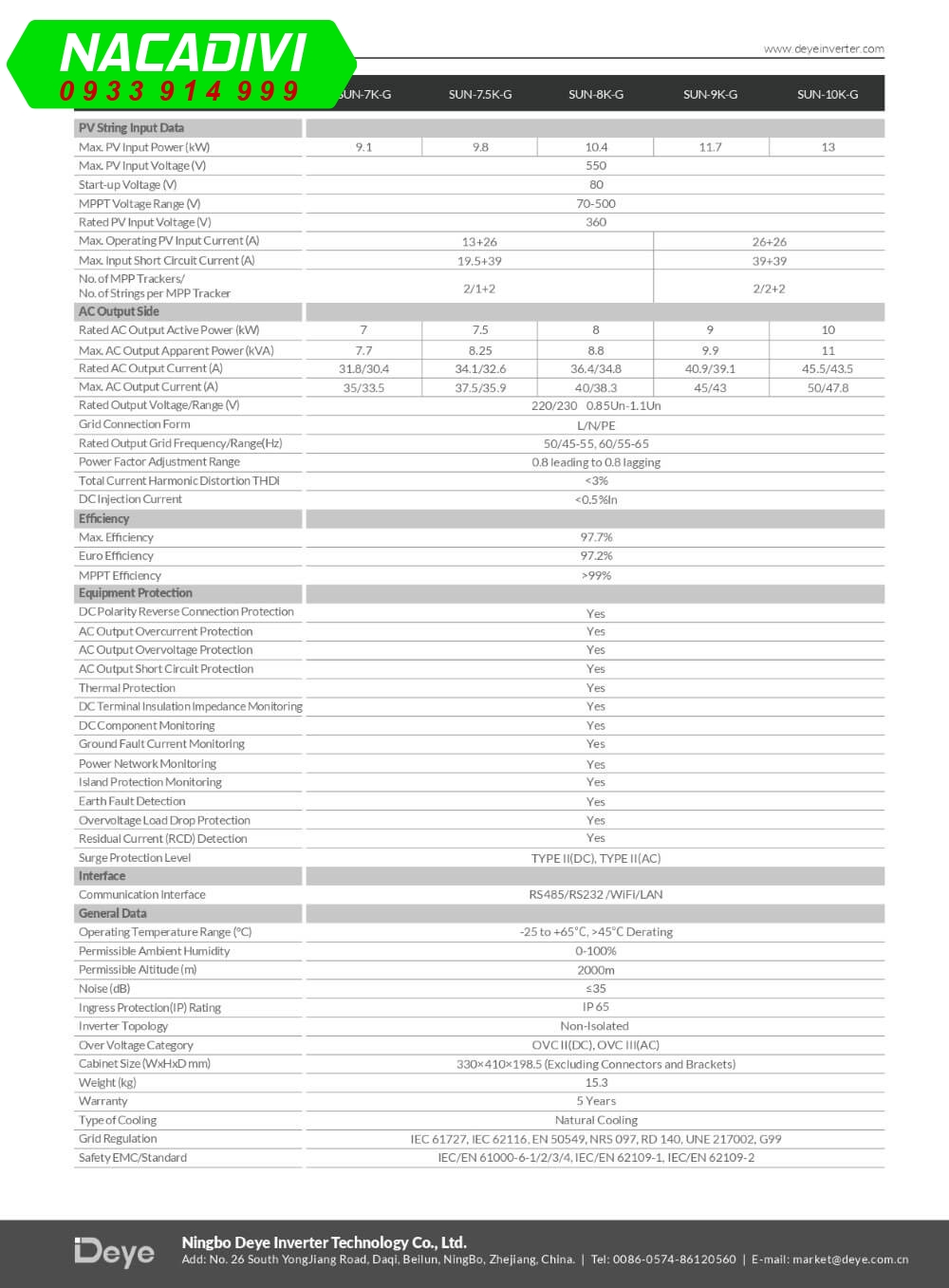 Datasheet DEYE 10kW 1 Pha